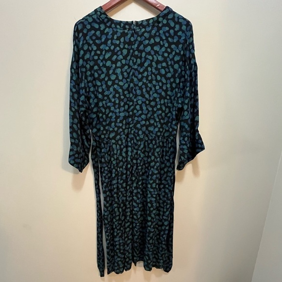 Midi Dress Black Green/Blue Abstract Dots V-Neck Elbow Sleeve Tie Waist Large - Picture 3 of 12